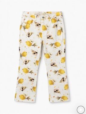 Anthropologie White Wide-Leg Jeans with Yellow Lemon Print
